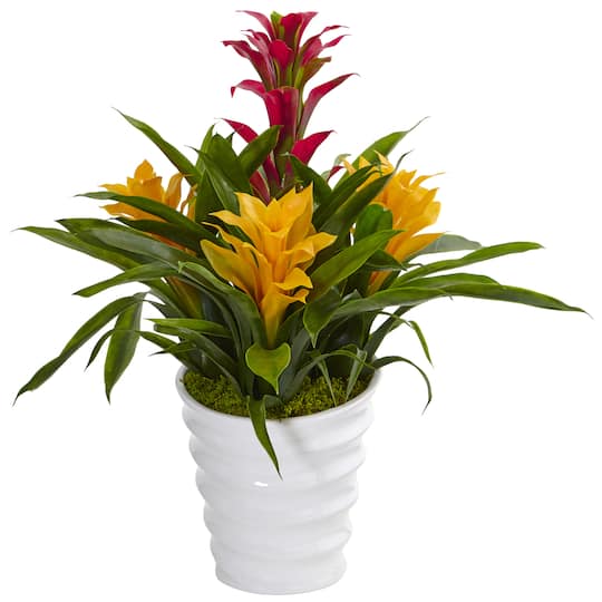 17&#x22; Tropical Bromeliad Plant in White Swirl Vase